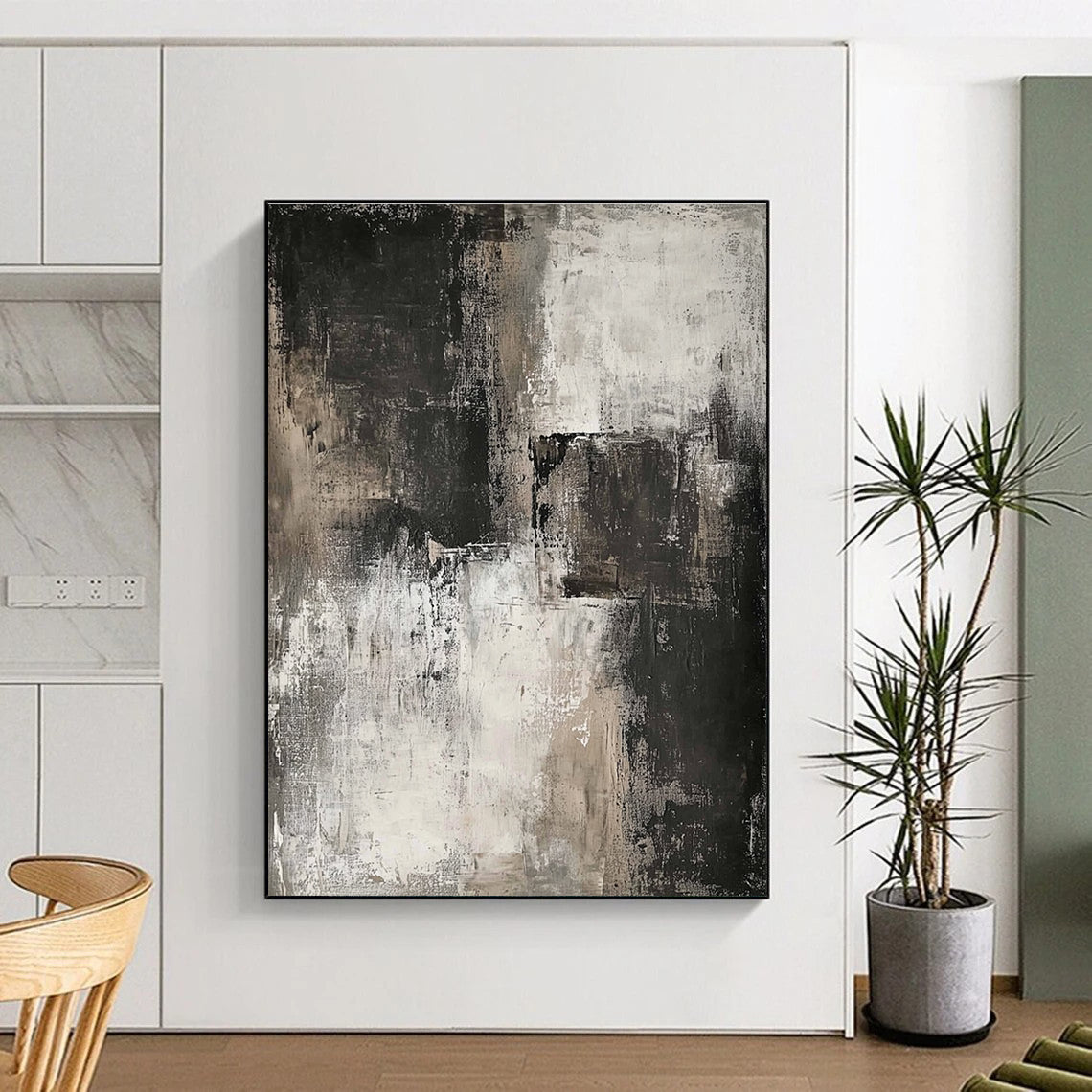 Large abstract painting in neutral tones featuring dark gray and white for a striking contemporary aesthetic.STSC069