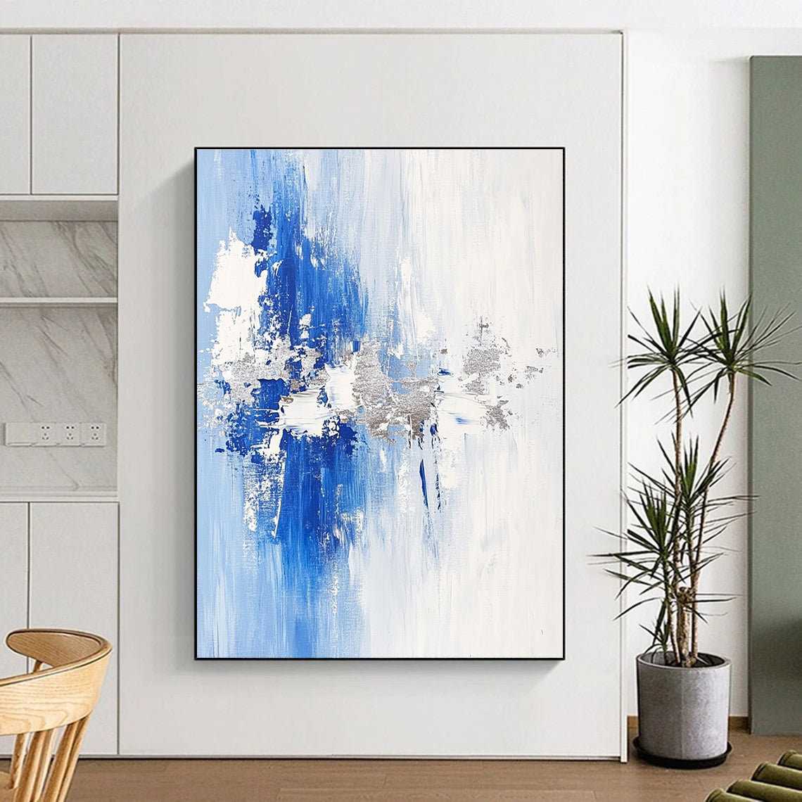 Blue and Silver Abstract Painting with Subtle Textures GER391