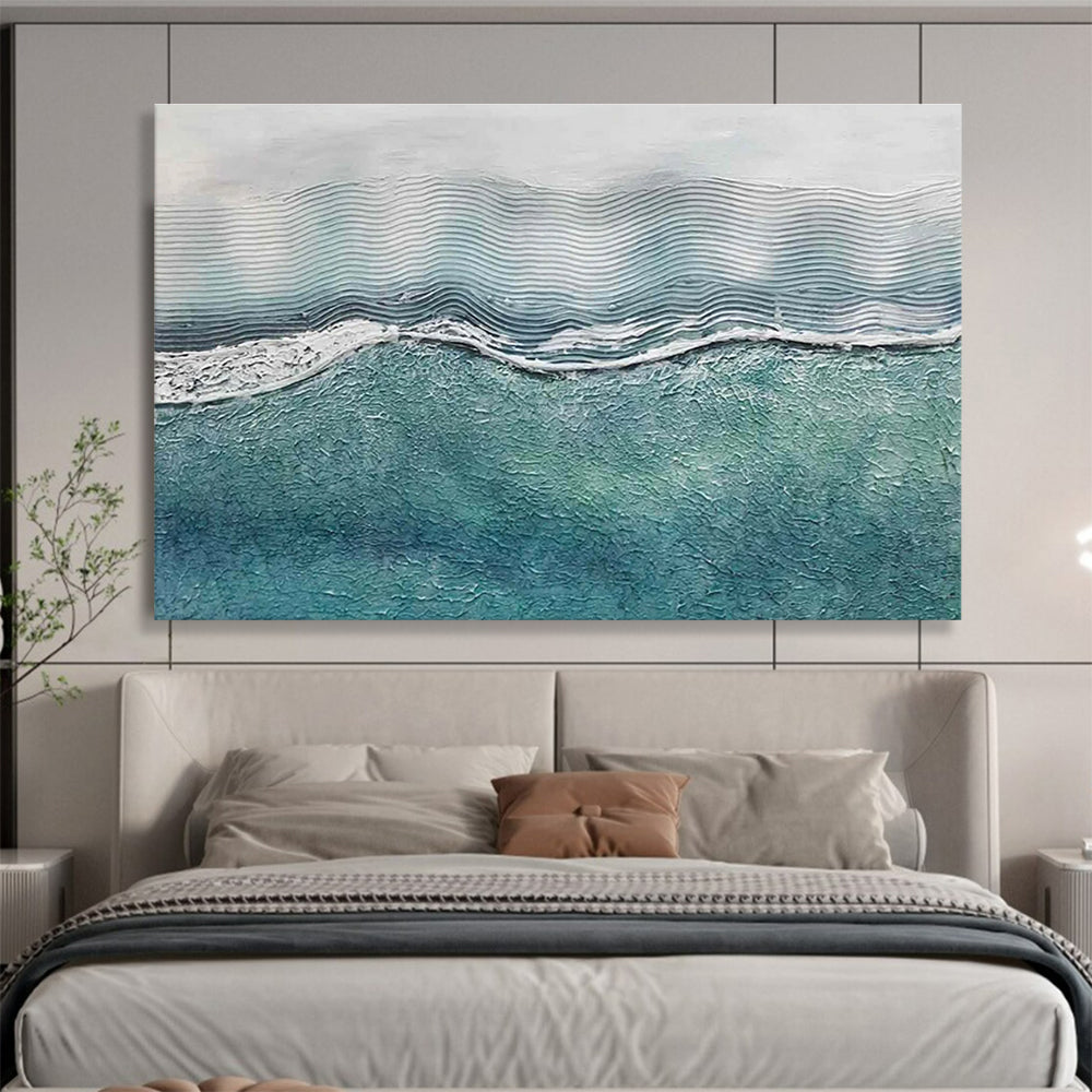 Wavy Sea Texture Abstract Painting with Blue and White Tones THY278