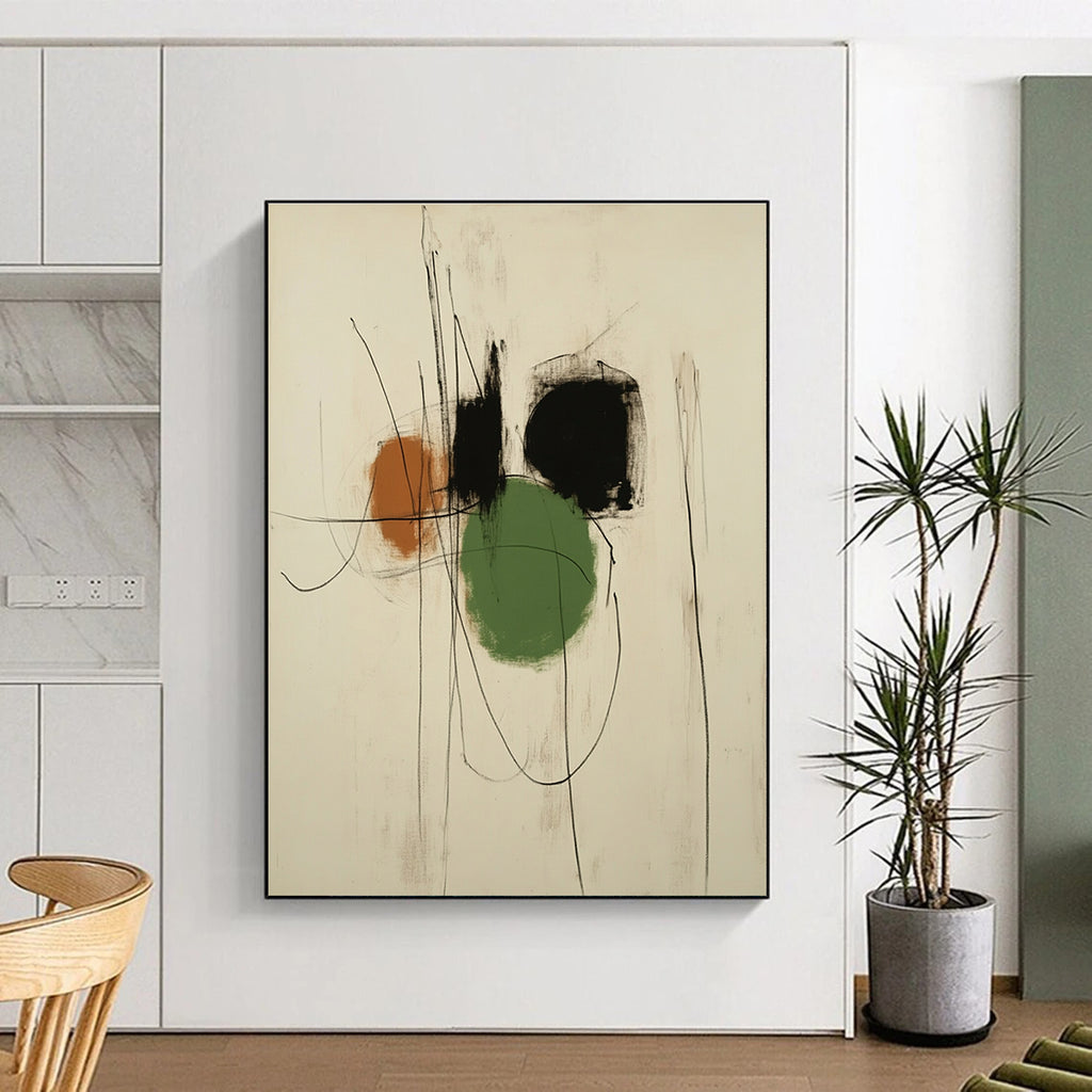 Large abstract drawing in the style of Antoni Gaudí featuring black and green shapes with pastel shades on a white background.STSC547