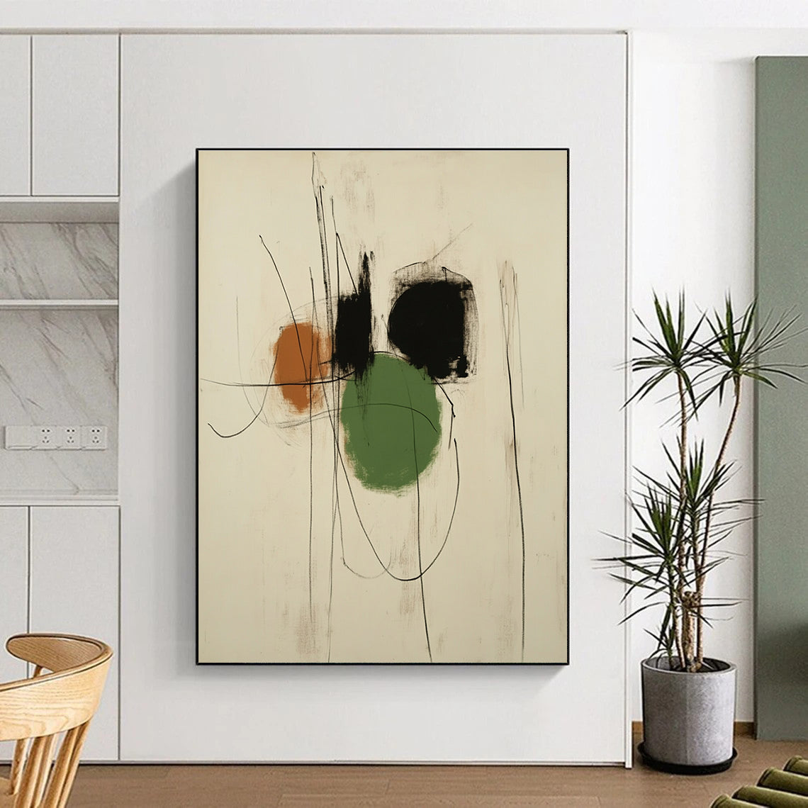 Large abstract drawing in the style of Antoni Gaudí featuring black and green shapes with pastel shades on a white background.STSC547