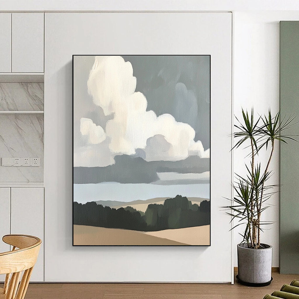 Abstract painting of clouds over plains featuring neutral colors and soft tones inspired by Merian and Morris with thick brush strokes.STSC1390
