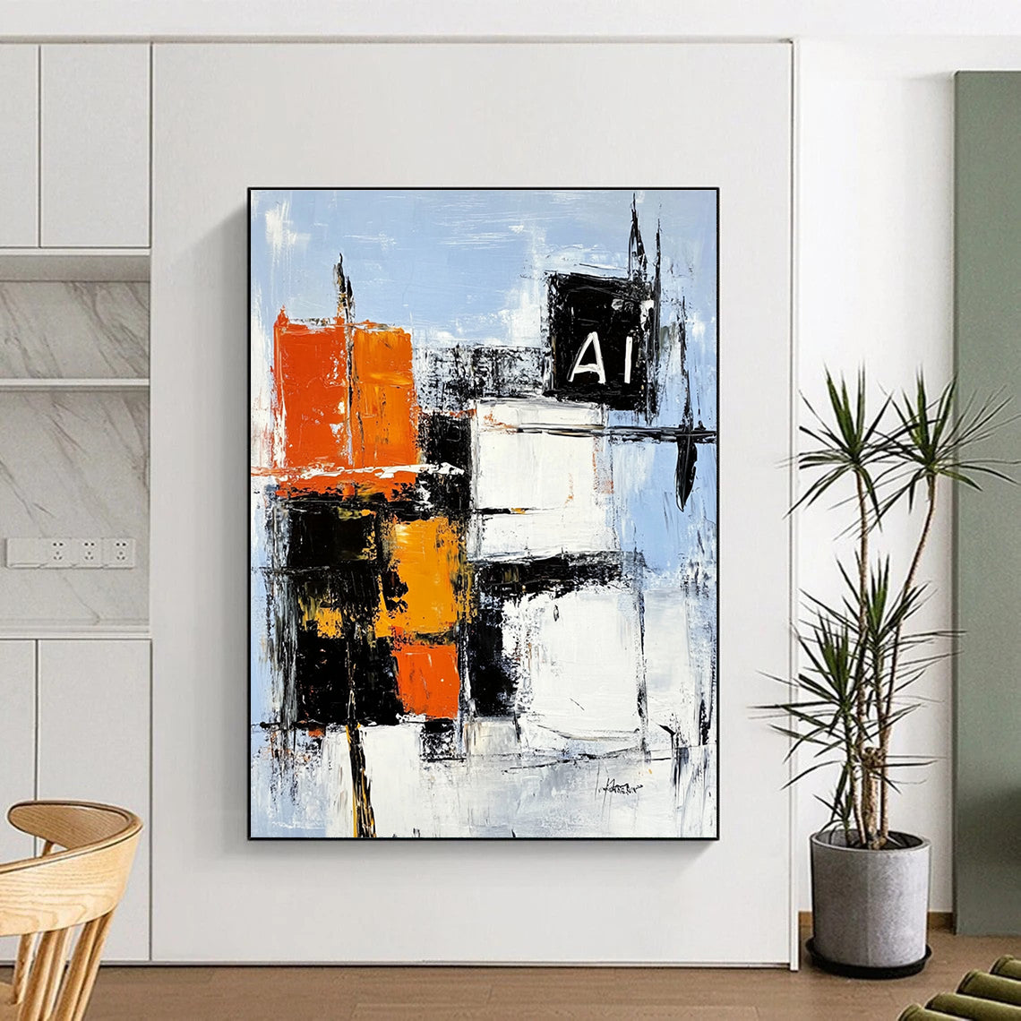 Large abstract painting featuring bold black white and orange building shapes on light blue canvas with dynamic brush strokes and textured layers.STSC742