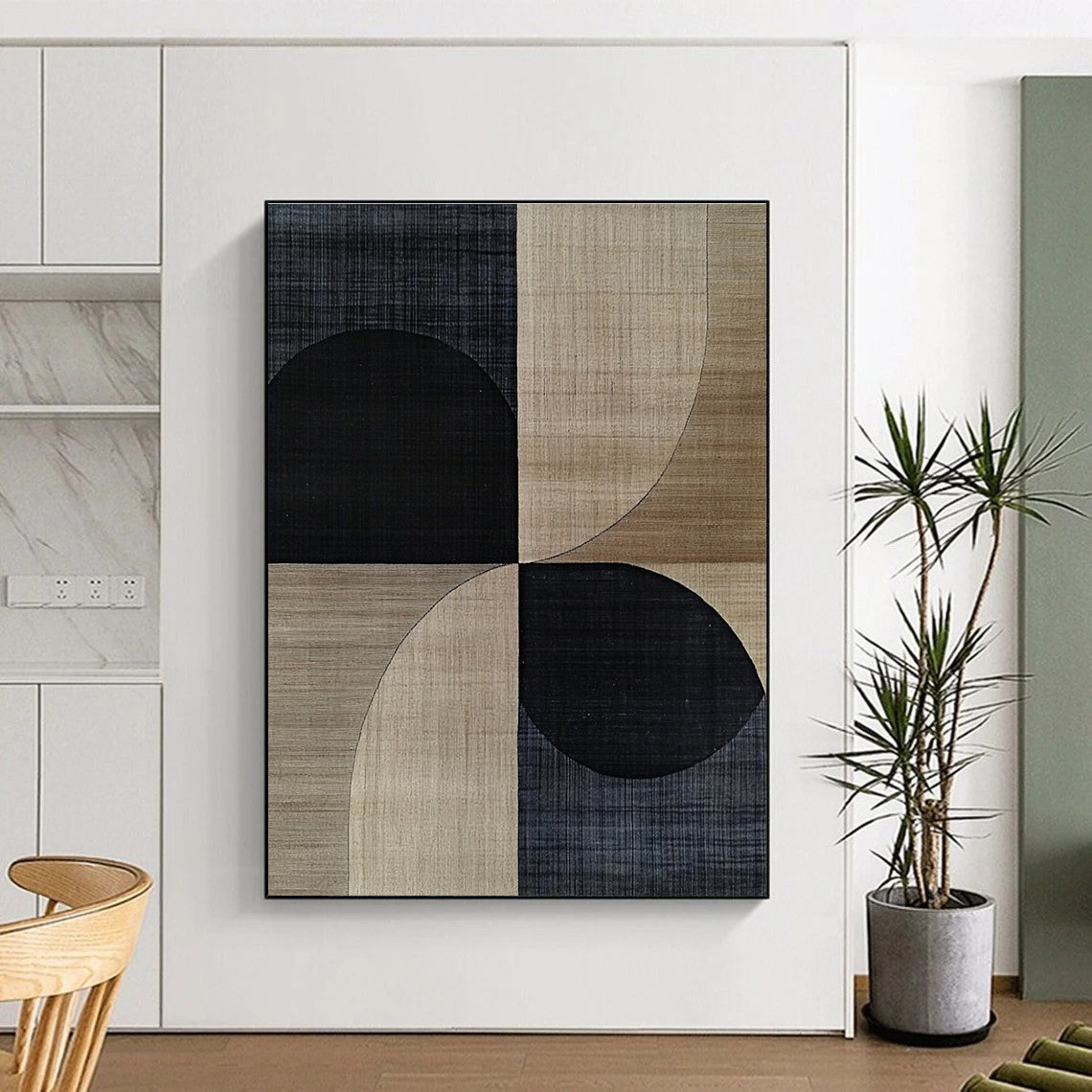 A large abstract painting featuring mid-century modern designs with black and beige shapes, wood grain texture, and subtle geometric patterns.STSC1318