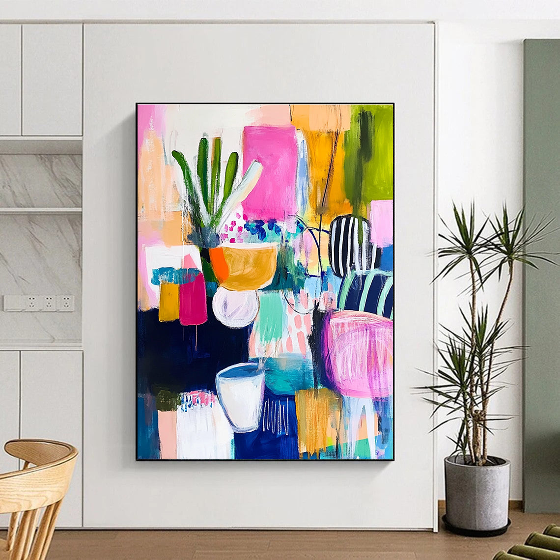 Large abstract painting with vibrant colors and bold brush strokes reflecting joyous celebration and energetic vibes in a dynamic composition.STSC1223