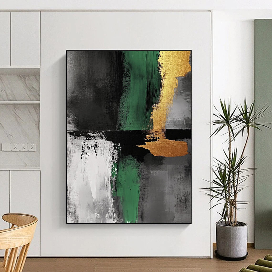 Green Gold and Gray Abstract Painting with Bold Strokes GER550