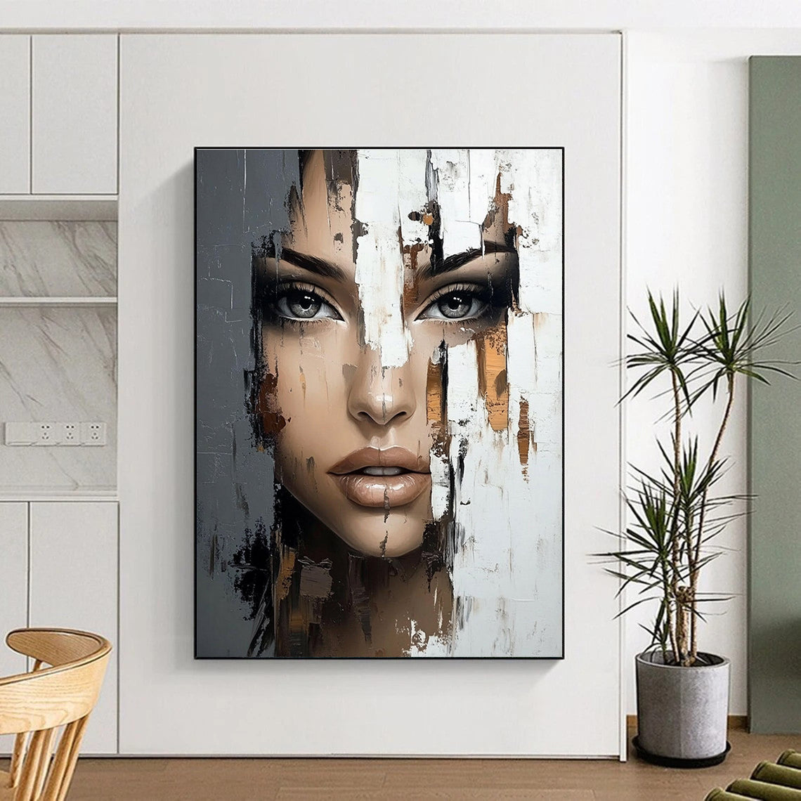 Large abstract painting featuring a woman's face with brushstrokes reflecting the world outside using a rich palette of gray beige and brown.STSC902