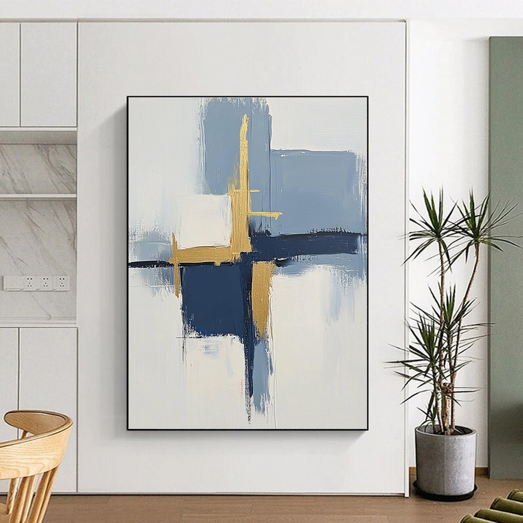 Blue and Gold Abstract Painting with Geometric Forms GER566