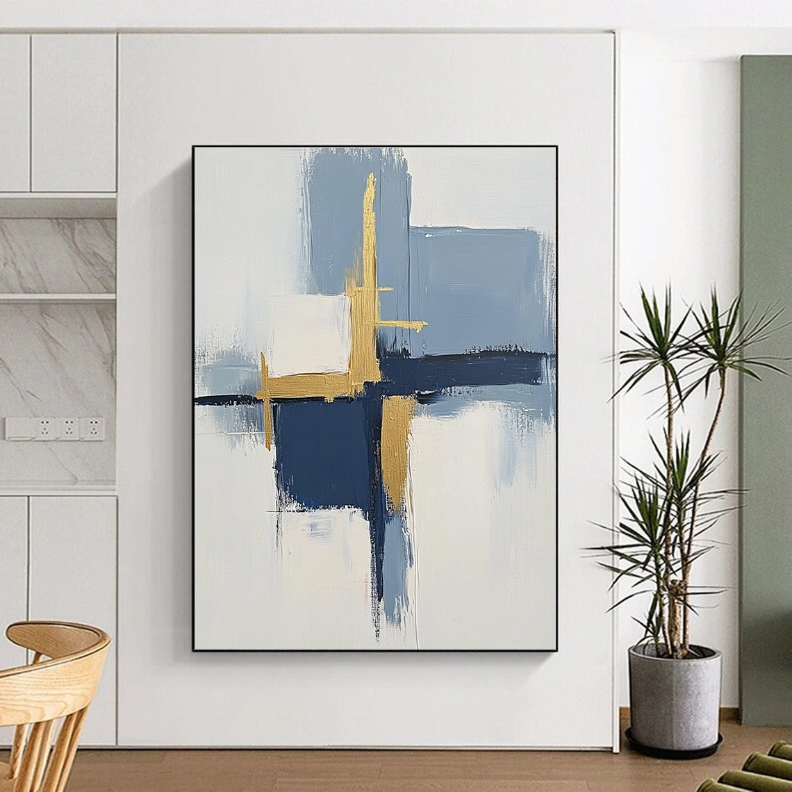 Blue and Gold Abstract Painting with Geometric Forms GER566