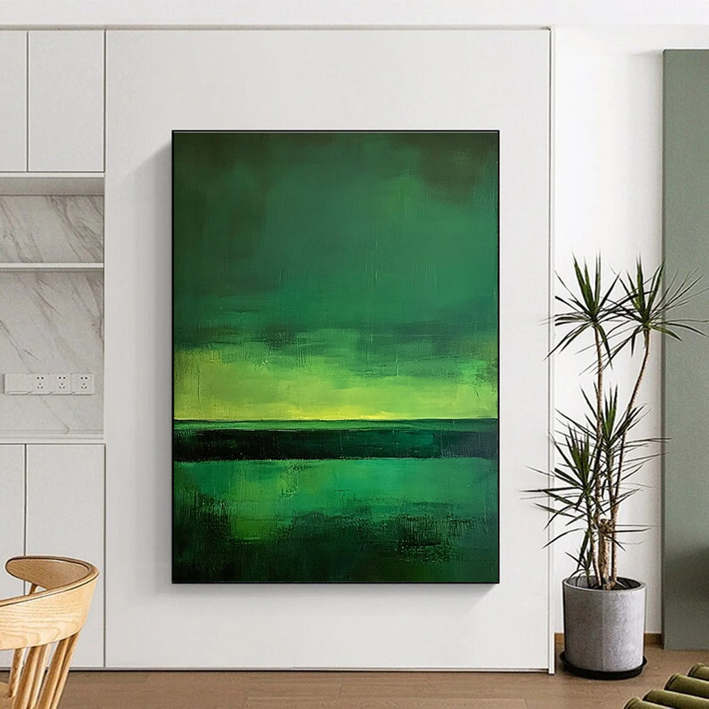Large abstract painting of green fields under a dark sky illuminated by northern lights featuring minimalism and expressive brush strokes inspired by Mark Rothko.STSC308