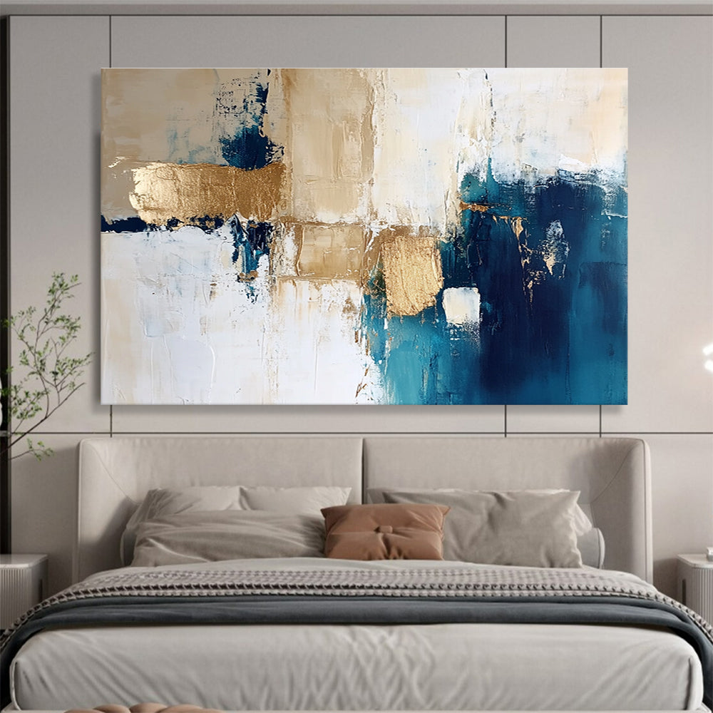 Large abstract painting in blue and gold with white beige and cream tones ideal for modern decor and artistic spaces.SC024