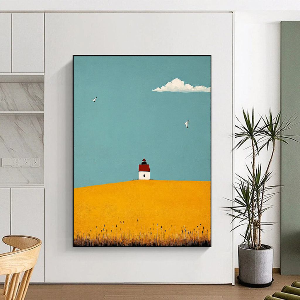 Abstract painting featuring a lighthouse, yellow fields, seagulls, and a vibrant blue sky using soft brushstrokes and tranquil colors.STSC1039