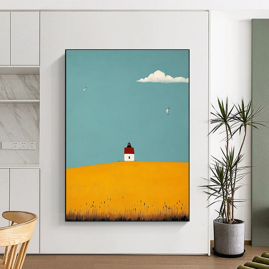 Abstract painting featuring a lighthouse, yellow fields, seagulls, and a vibrant blue sky using soft brushstrokes and tranquil colors.STSC1039