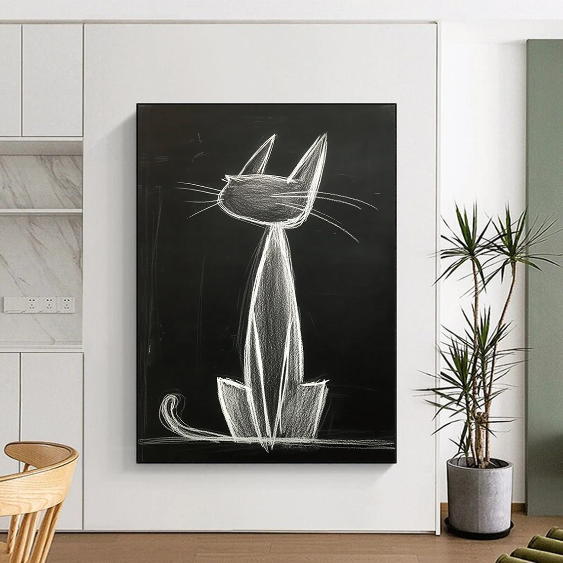 A large abstract artwork featuring an anthropomorphic cat with long ears sitting gracefully on its hind legs, captured in smooth chalk lines.STSC1184