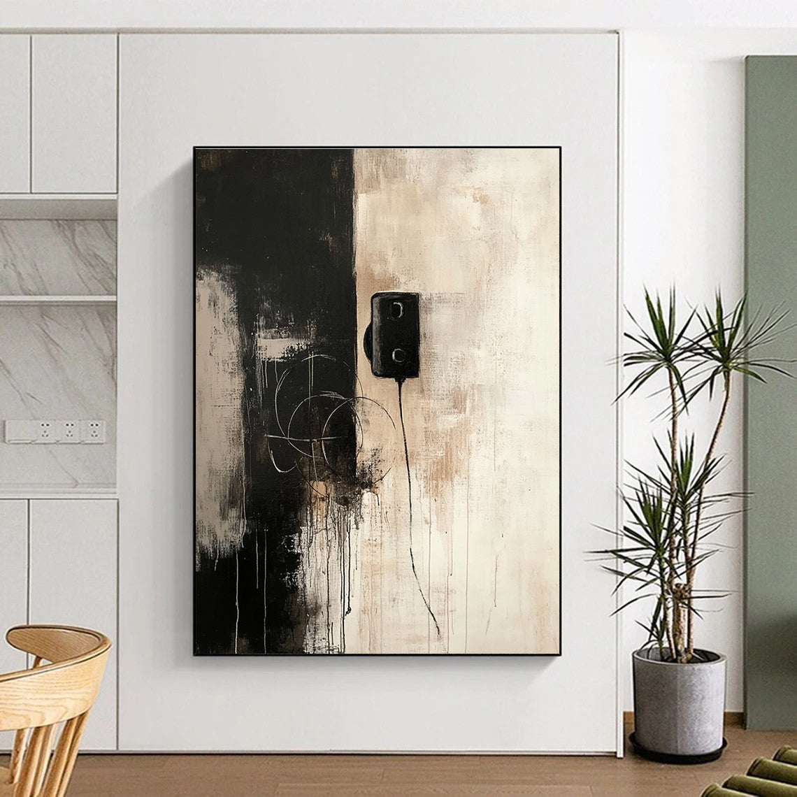 Abstract painting featuring a dark gray and beige color scheme with an old telephone and connecting wires evoking solitude and contemplation.STSC727