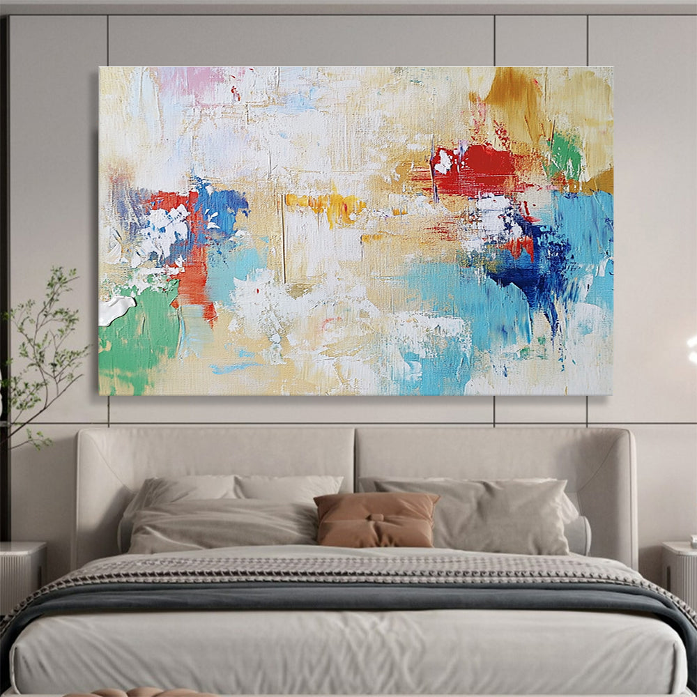 Large abstract painting in light colors depicting freedom with brushstrokes suggesting forms, evoking hope, joy, and endless possibilities.SC217