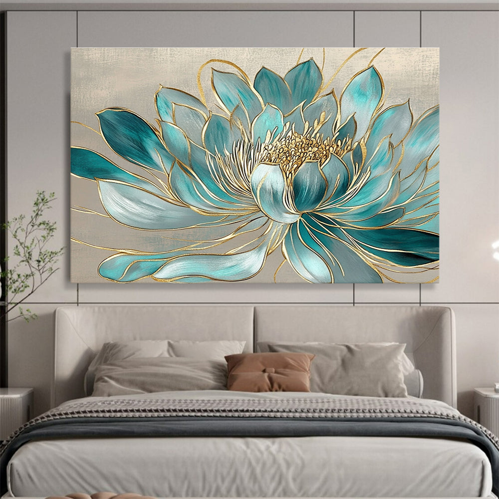 Blue Gold Lotus - Ornate Floral Abstract Painting DYP015