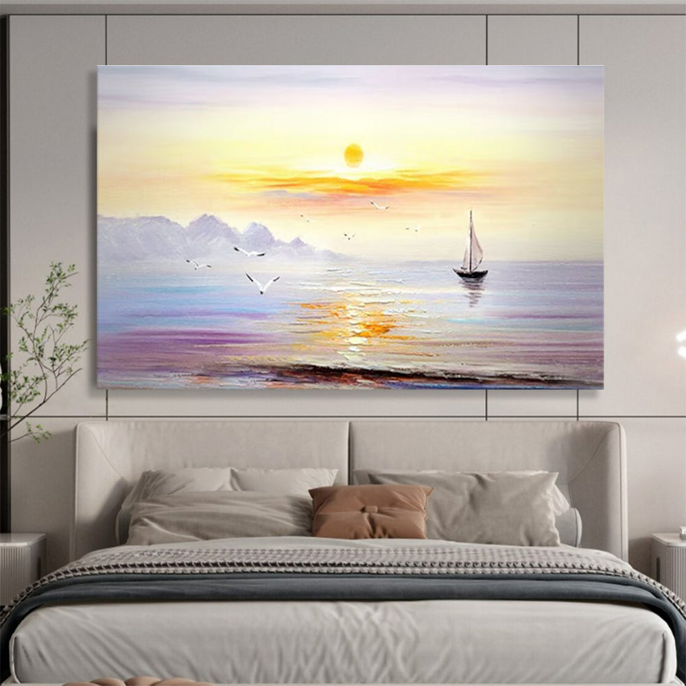 Sunset Sea Sail Abstract Painting with Orange, Purple, and Blue Tones THY181