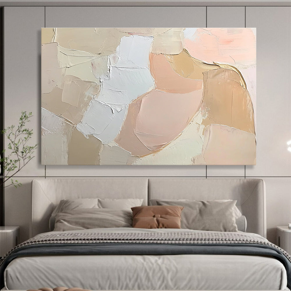 Large abstract painting featuring soft pink tones and textured brush strokes, presenting a free-flowing form of an abstract woman against a neutral background.SC103