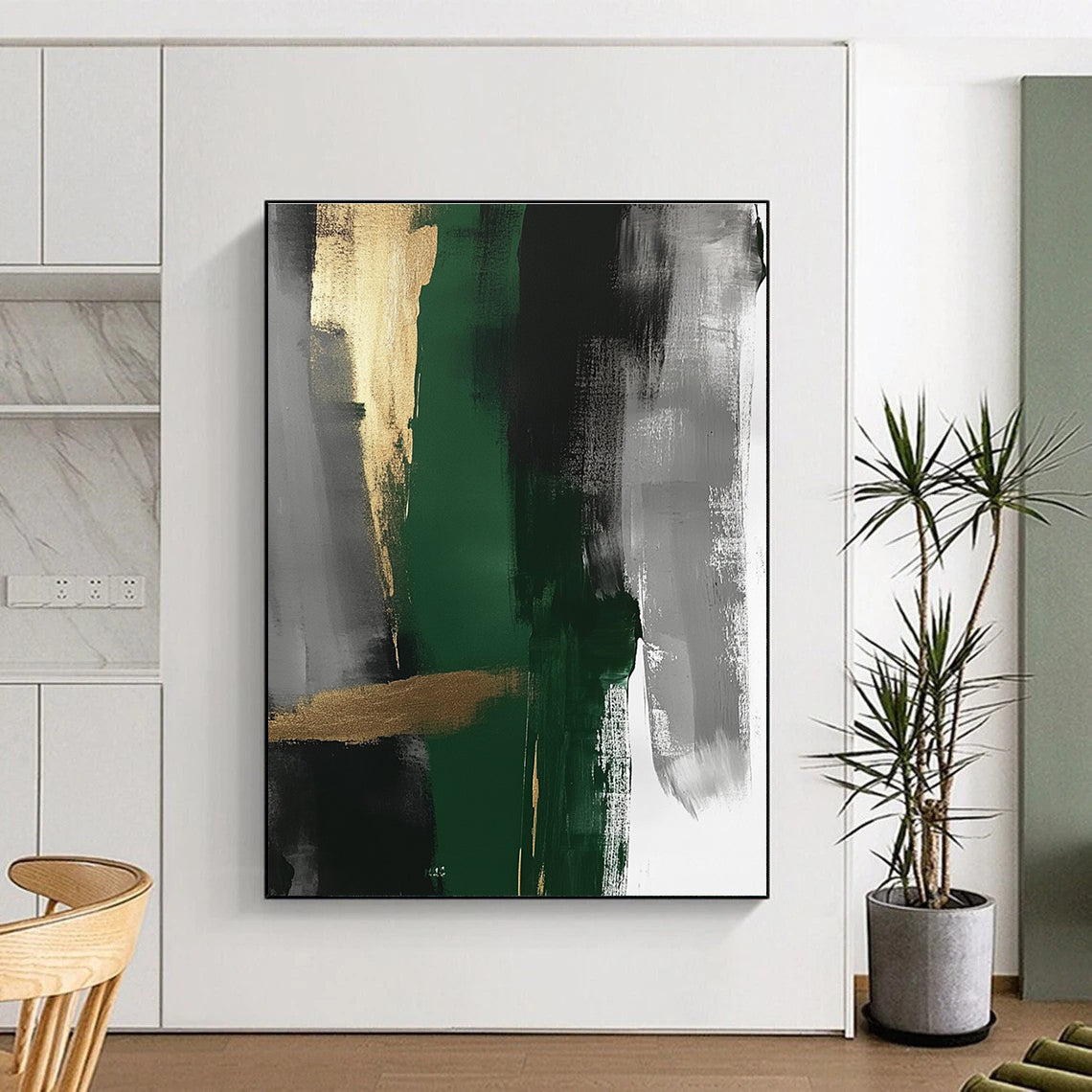 Green Gold Gray Abstract Painting with Elegant Layers GER755