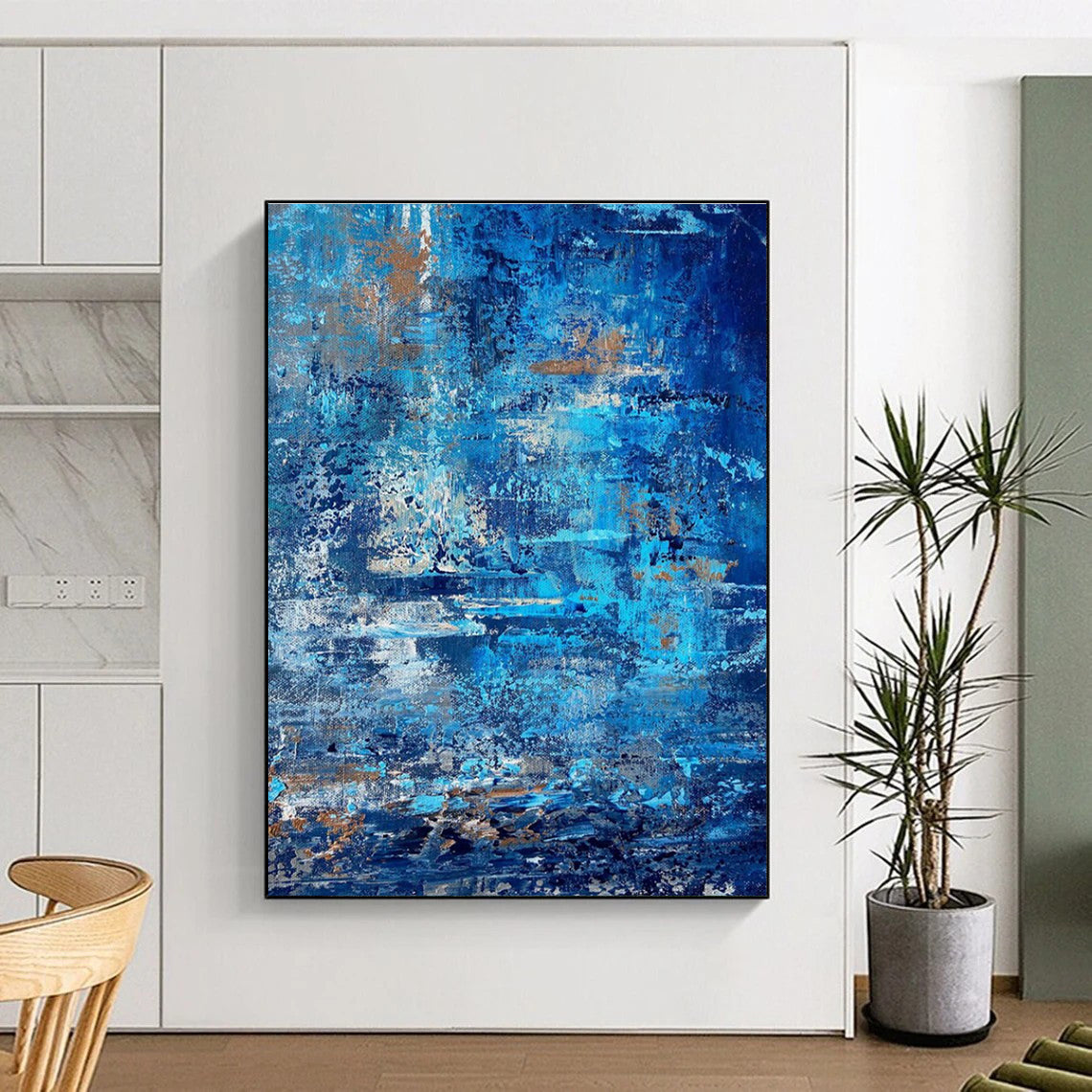 Blue - Gold Textured Abstract Painting with Layered Brushstrokes ADGE457