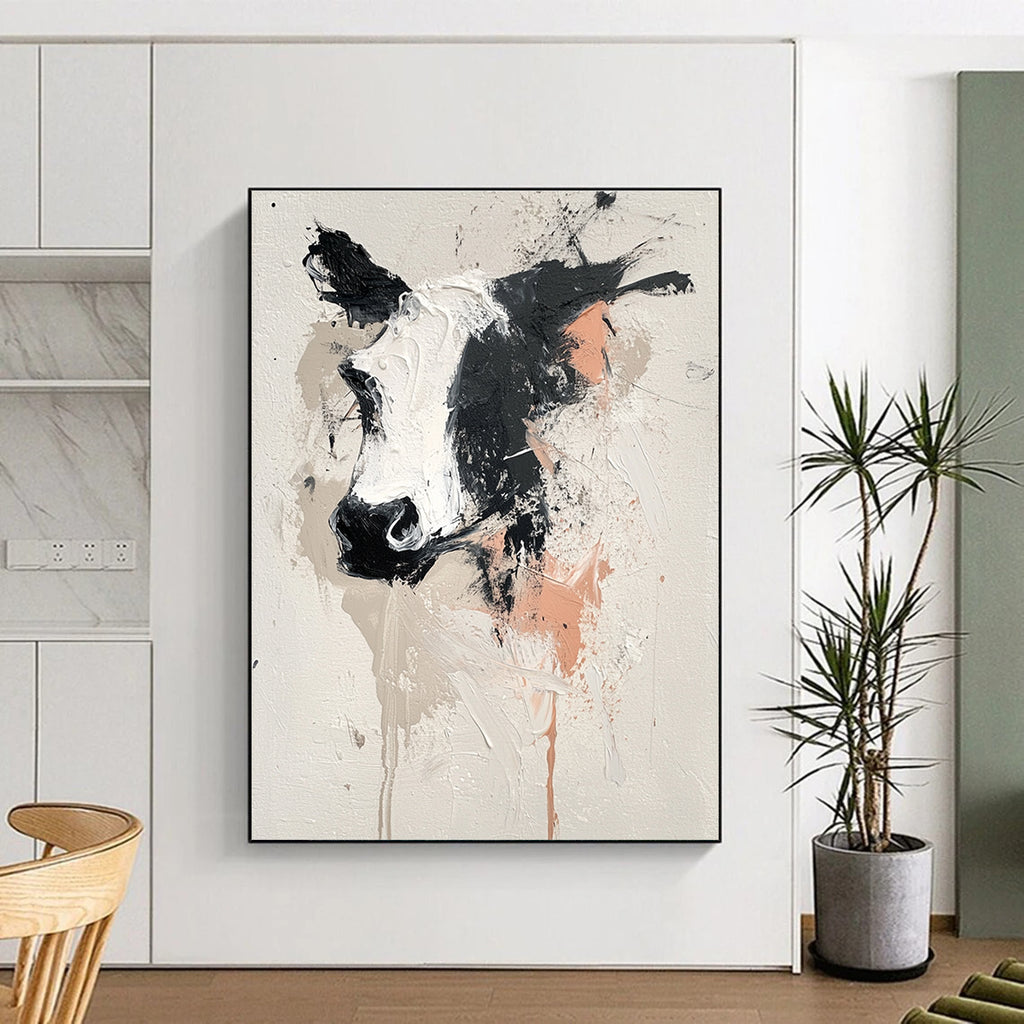 Large abstract painting featuring an animal design on white background with gray black pink and beige hues and expressive thick brush strokes.STSC048