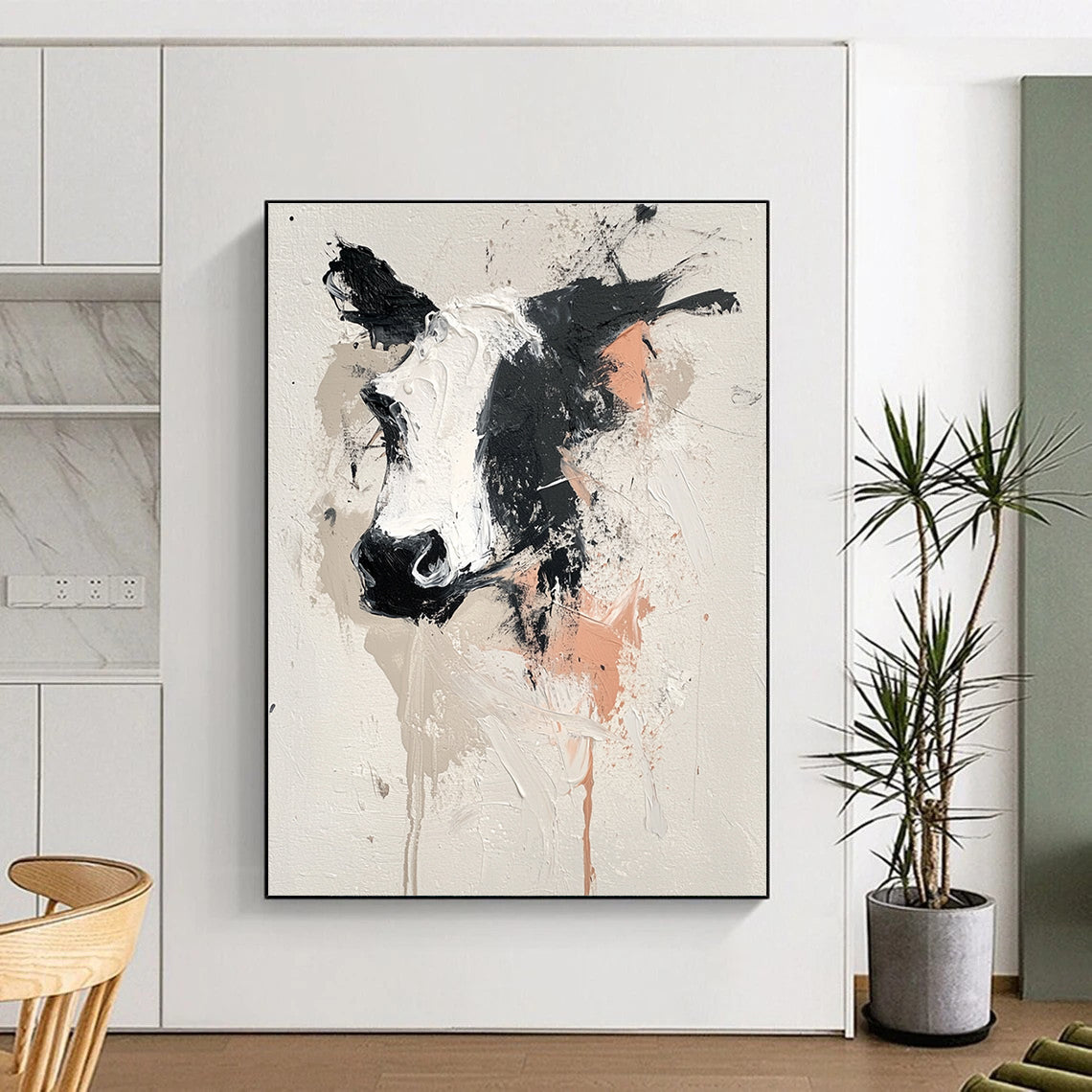 Large abstract painting featuring an animal design on white background with gray black pink and beige hues and expressive thick brush strokes.STSC048