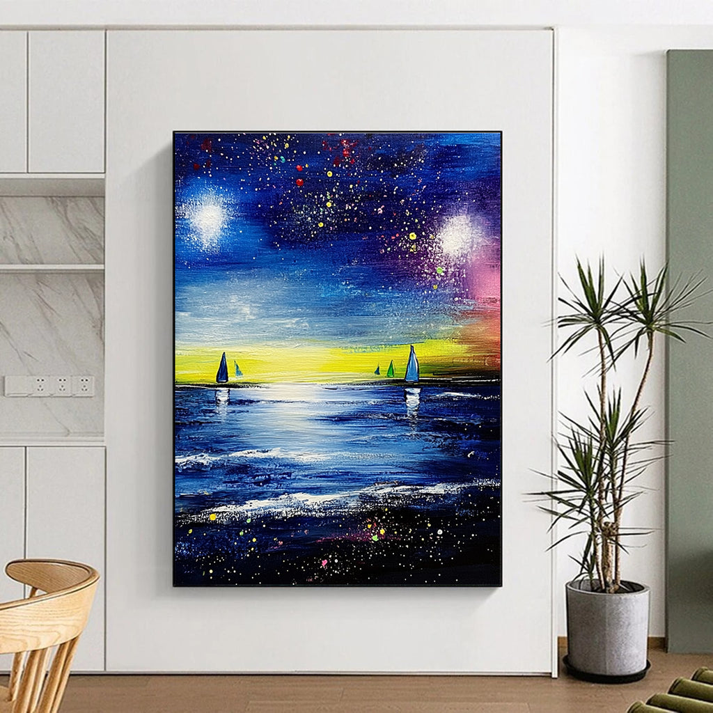 Large abstract painting featuring a vibrant blue sea and sky with stars and colorful sailboats in the distance.STSC526
