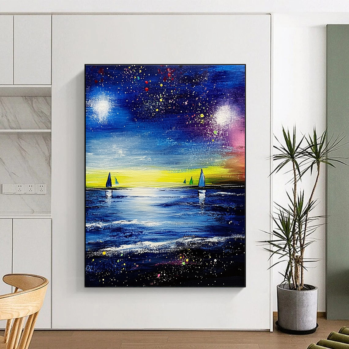 Large abstract painting featuring a vibrant blue sea and sky with stars and colorful sailboats in the distance.STSC526