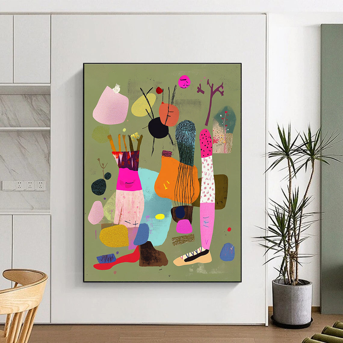 A large abstract collage featuring colorful legs with shoes and ropes against a light greenish brown background embellished with pink accents and floating fabric.STSC972