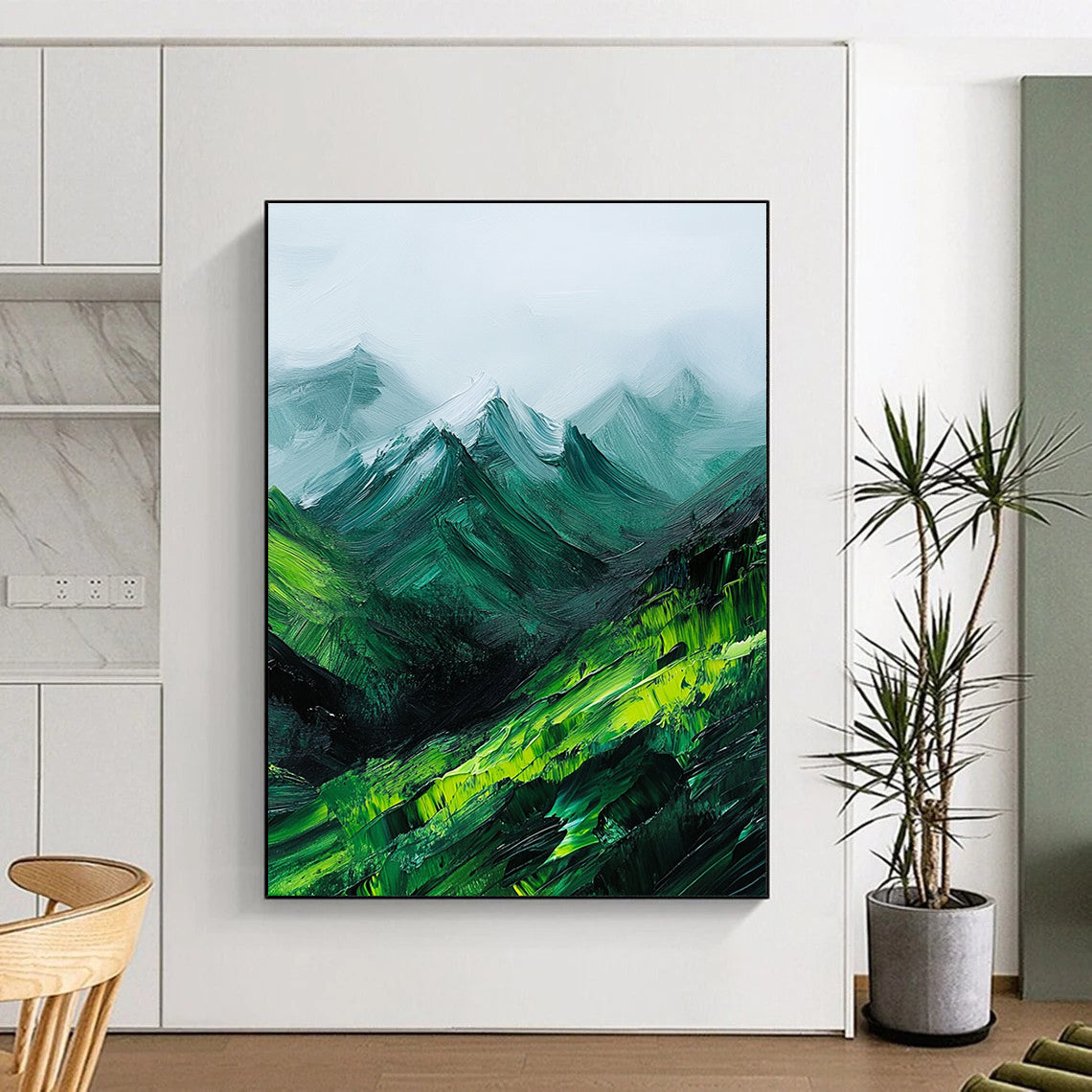 Large abstract oil painting featuring green mountains enveloped in fog with expressive impasto brush strokes.STSC592