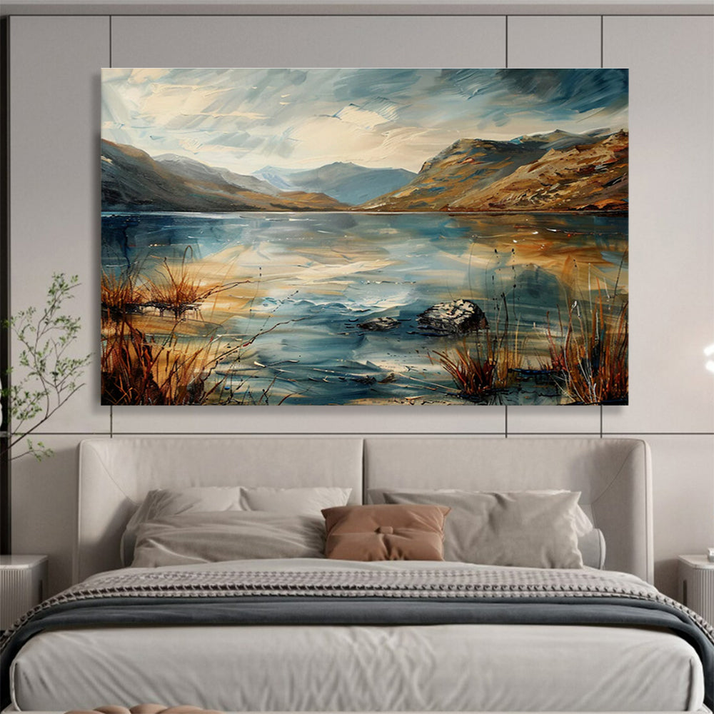 Lake Mountain Abstract Painting with Dynamic, Reflective Beauty THY403