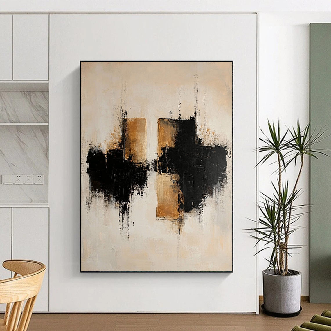Beige Black Reflective Abstract Painting with Textured Layers GER775