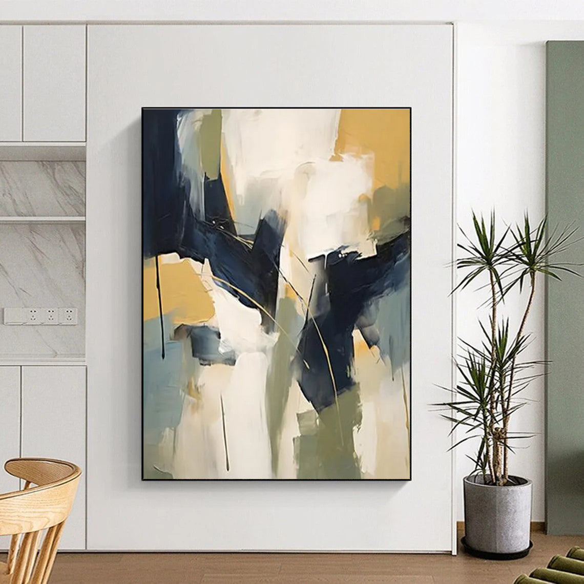 Geometric Color Blocks Abstract Painting with Blue, Green, and Yellow ADGE123