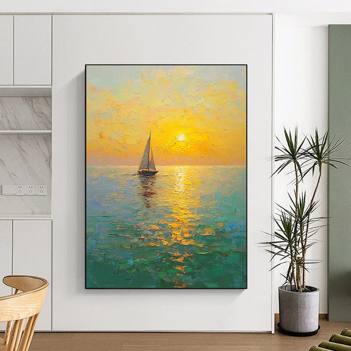 Large Abstract Painting of a golden sunset over the sea with sailboat textured brush strokes and a tranquil atmosphere of yellow-green and light blue.STSC1296