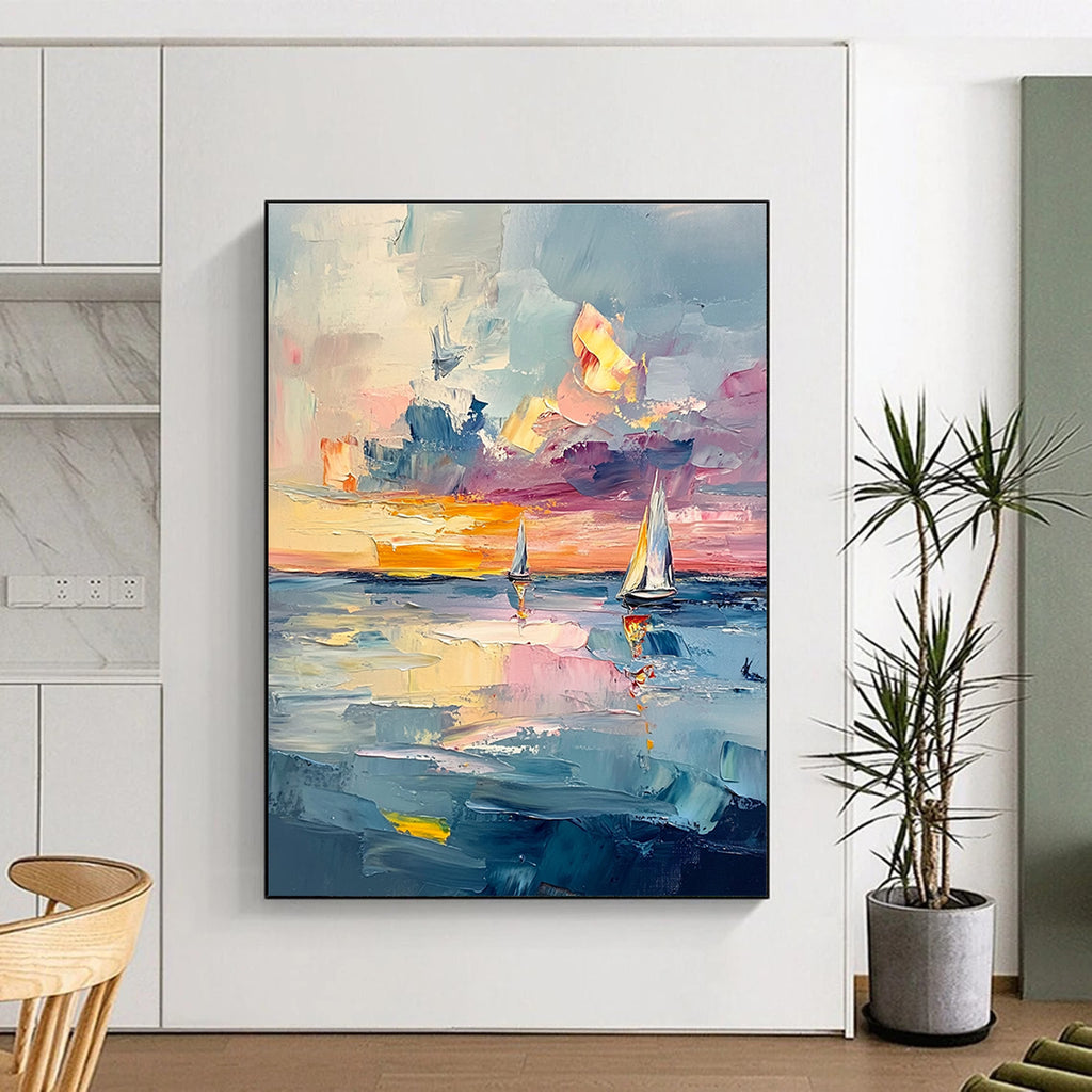 Large abstract painting of the sea with textured layers and pastel skies featuring sailboats reflecting light like gems across the canvas.STSC973