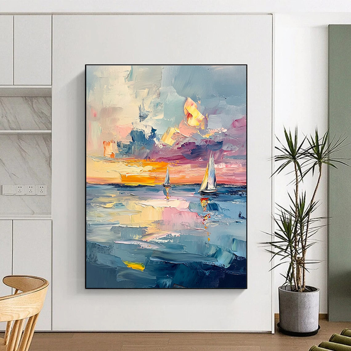 Large abstract painting of the sea with textured layers and pastel skies featuring sailboats reflecting light like gems across the canvas.STSC973