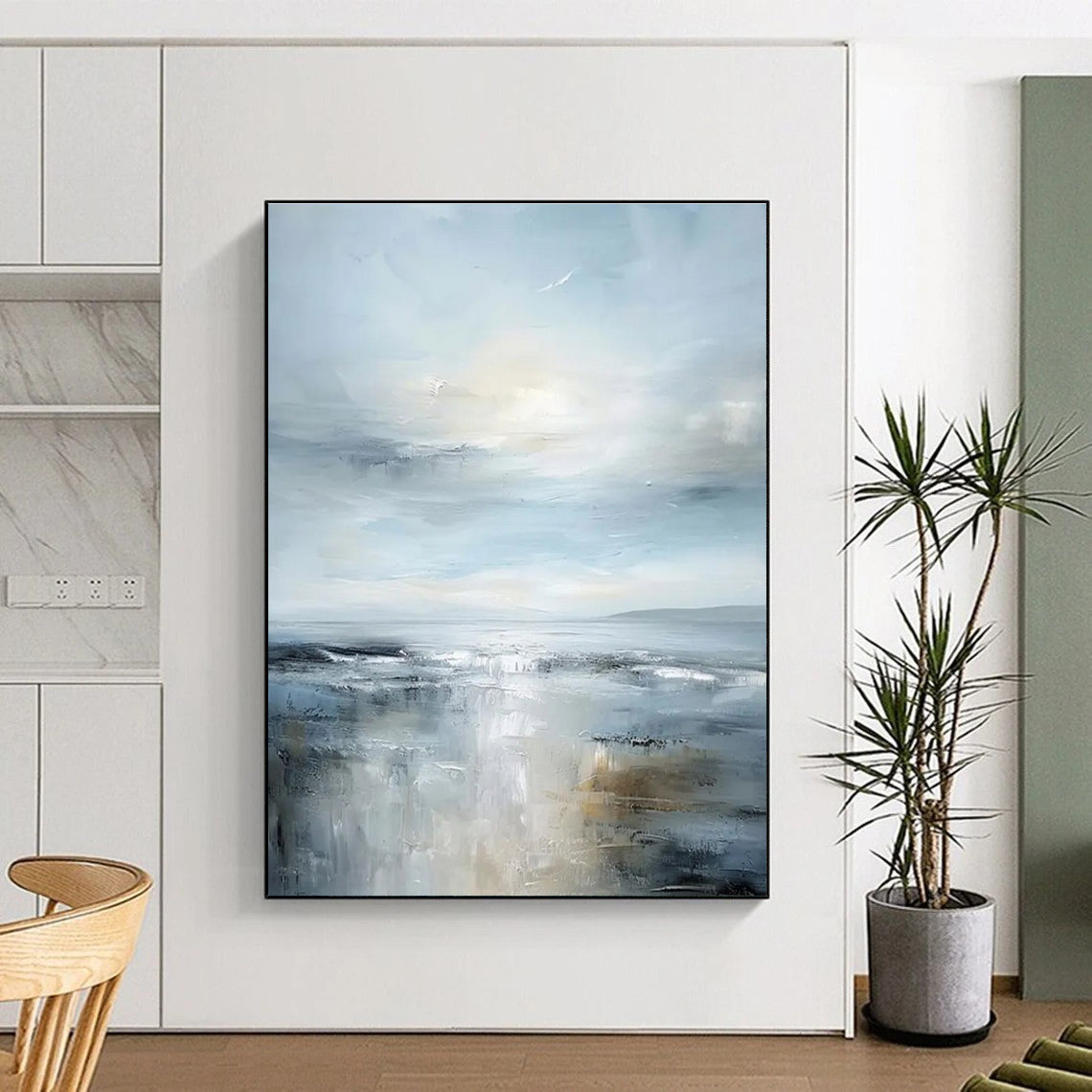 Light Blue and Gray Sea - themed Abstract Painting for Serene Spaces ADGE059