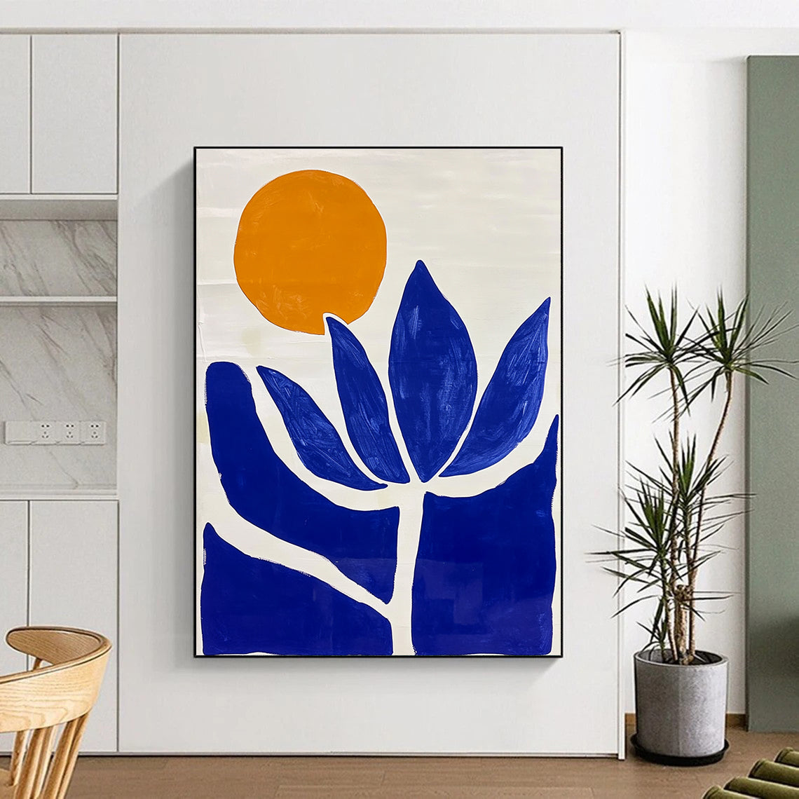 Large abstract painting featuring minimalist blue and white Matisse-inspired shapes and a vibrant orange sun with a blue lotus flower.STSC1332