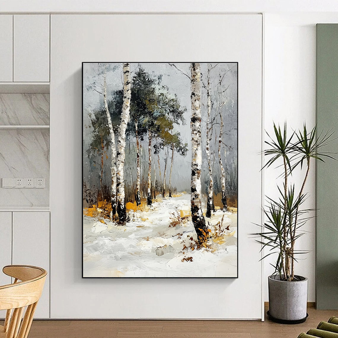 Abstract oil painting of a birch forest in winter featuring thick impasto strokes with snow-dusted birches and pines under a grey sky.STSC1382