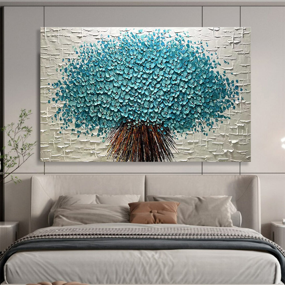Blue Flower Tree Abstract Painting with Blue, Green, and Brown Tones THY213