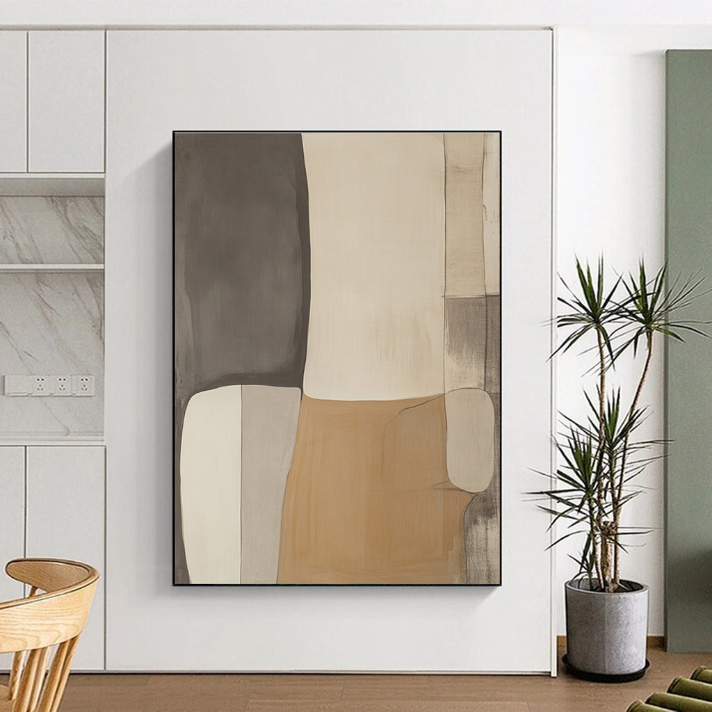 Large abstract artwork in shades of gray beige and white featuring minimalist design in a style reminiscent of Pablo Picasso.STSC478