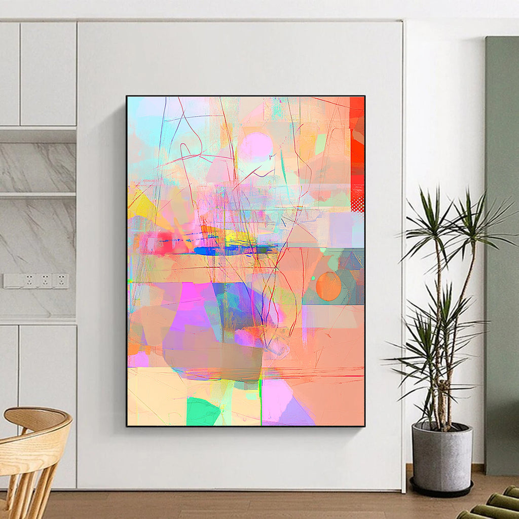 Large Abstract Artwork Blending Minimalism Impressionist Cubofuturism and Glitch Effects in Dreamy Pastel Gradients with Depth and Light Highlights.STSC981