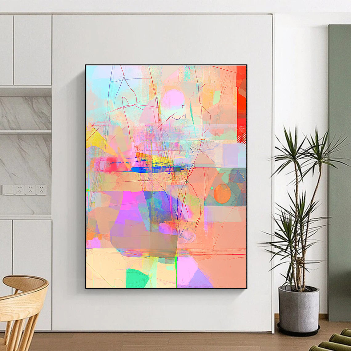 Large Abstract Artwork Blending Minimalism Impressionist Cubofuturism and Glitch Effects in Dreamy Pastel Gradients with Depth and Light Highlights.STSC981