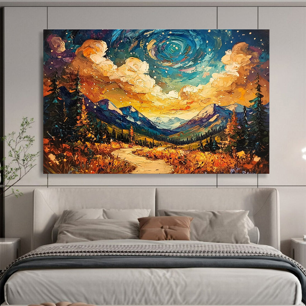 A large abstract painting capturing the Alaskan wilderness under a vibrant sky with textured brush strokes and a winding path leading through stunning colors.SC564