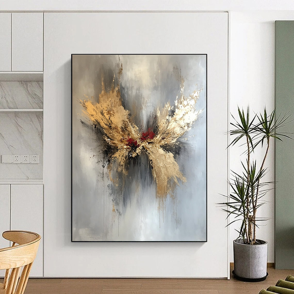 Large abstract painting in gold and silver with red and black splashes featuring elegant floral design and organic forms on a white background.STSC729