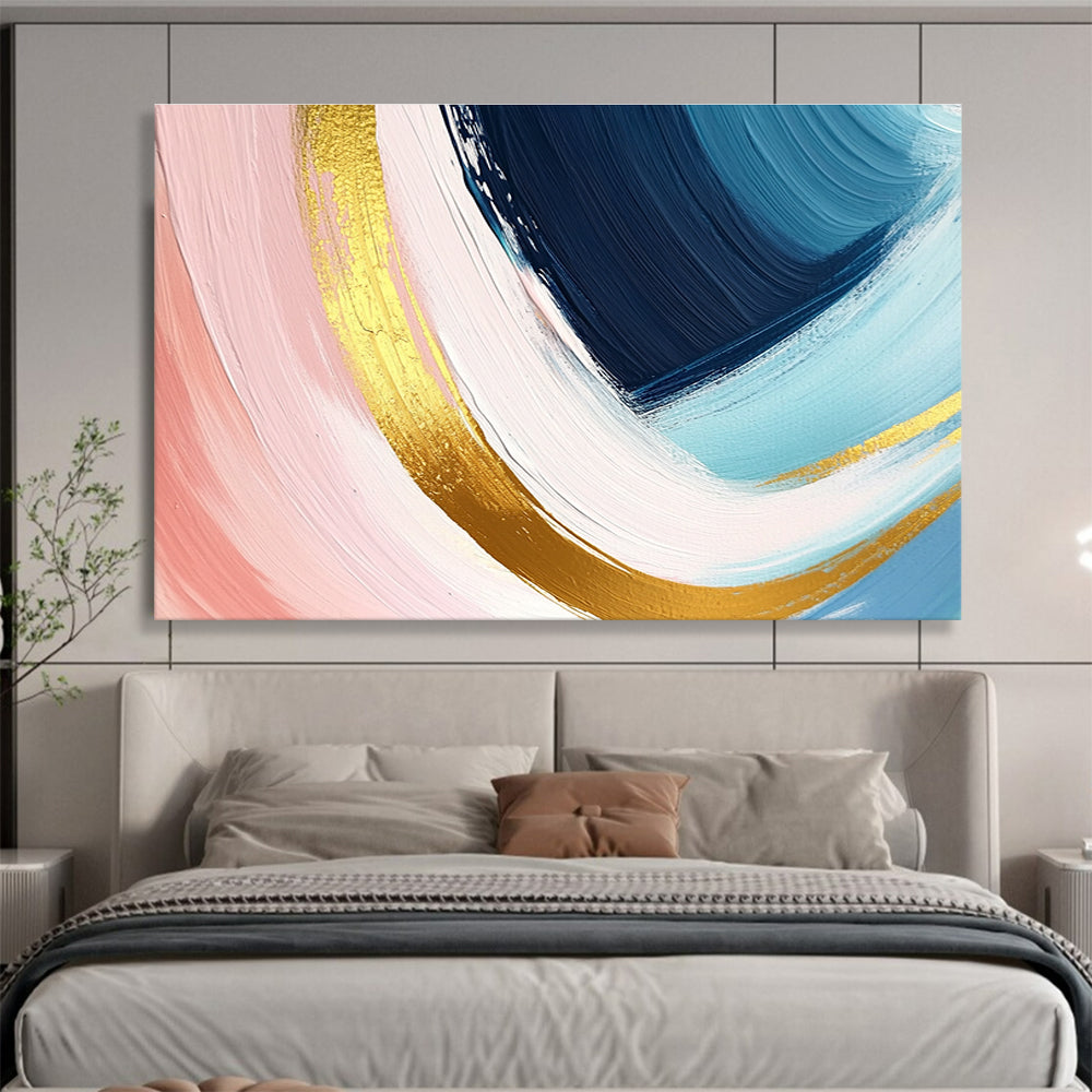 A large abstract painting in pastel pink blue and yellow with dynamic brushstrokes and gold outlines evoking joy and warmth.SC443