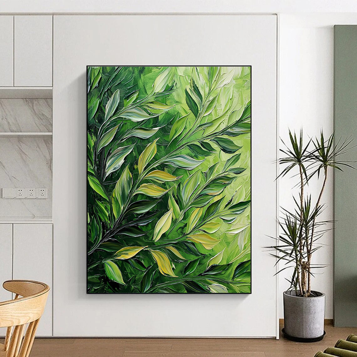 Huge abstract painting featuring thick brush strokes of green leaves on a dark background showcasing detailed foliage in acrylic and oil.STSC1130