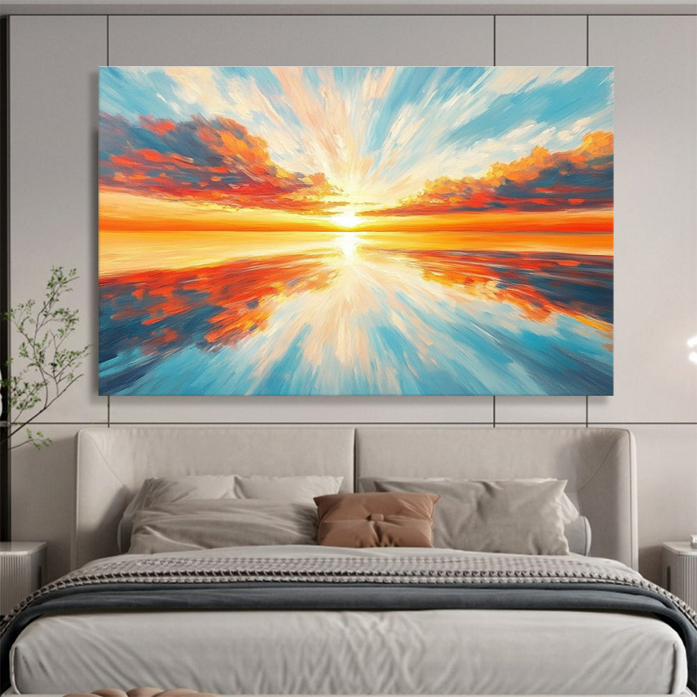 Radiant Sunset Sea Abstract Painting with Orange Red and Blue Tones DYP562