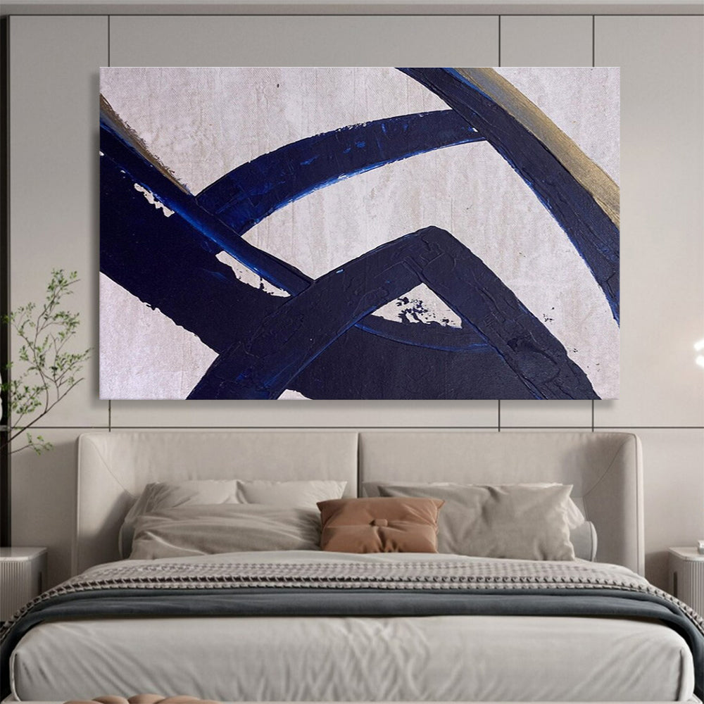 Navy Gold Abstract Painting with Intertwined Shapes THY350
